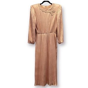 MORTON MYLES Vintage 80’s Silk Midi Dress Pink Accordion Pleated Beaded Size 10